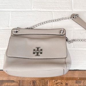 Tory Burch gray leather shoulder purse